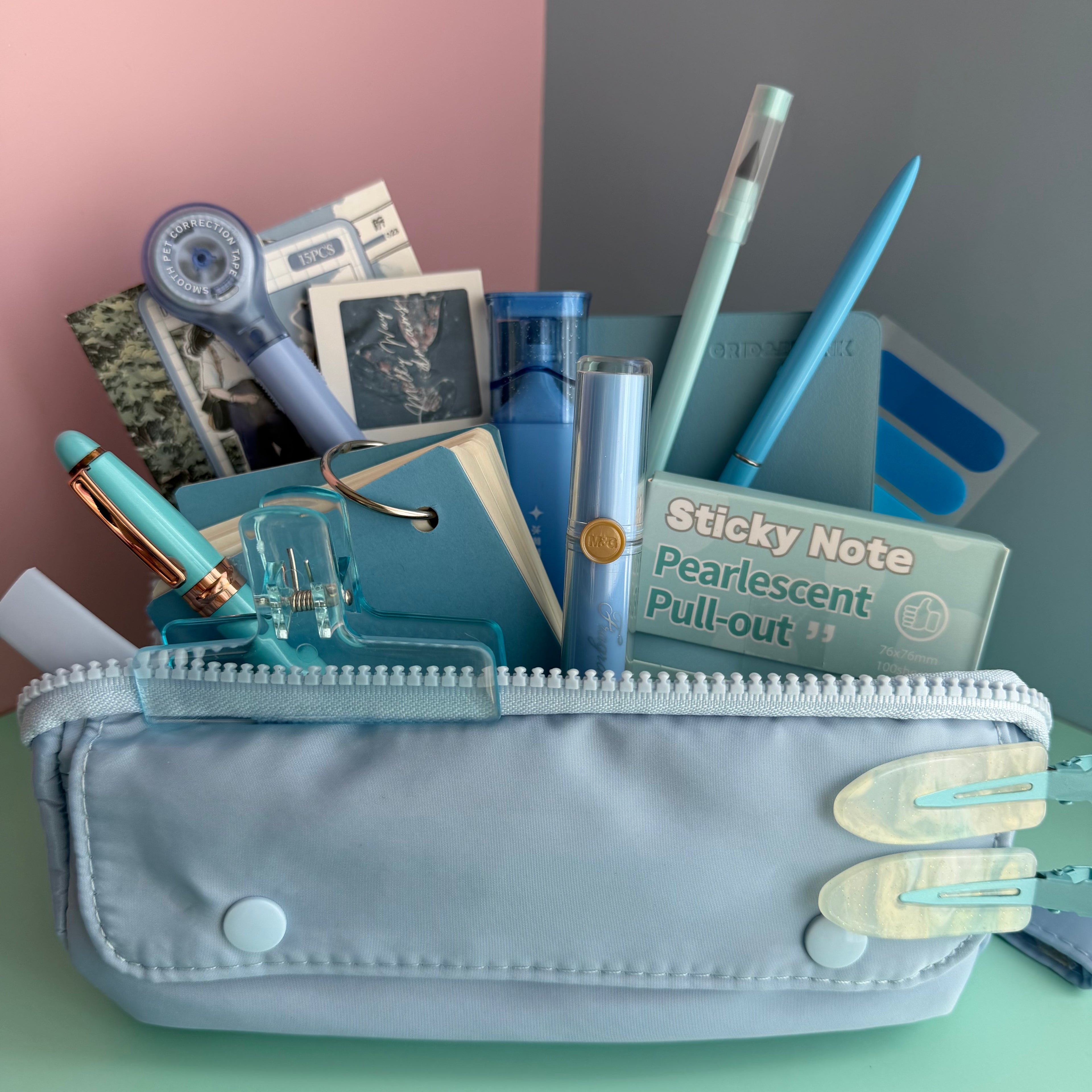 BLUE ZIP & GO STATIONERY SET | ALL-IN-ONE PENCIL POUCH BUNDLE | CUTE BLUE SCHOOL SUPPLY KIT