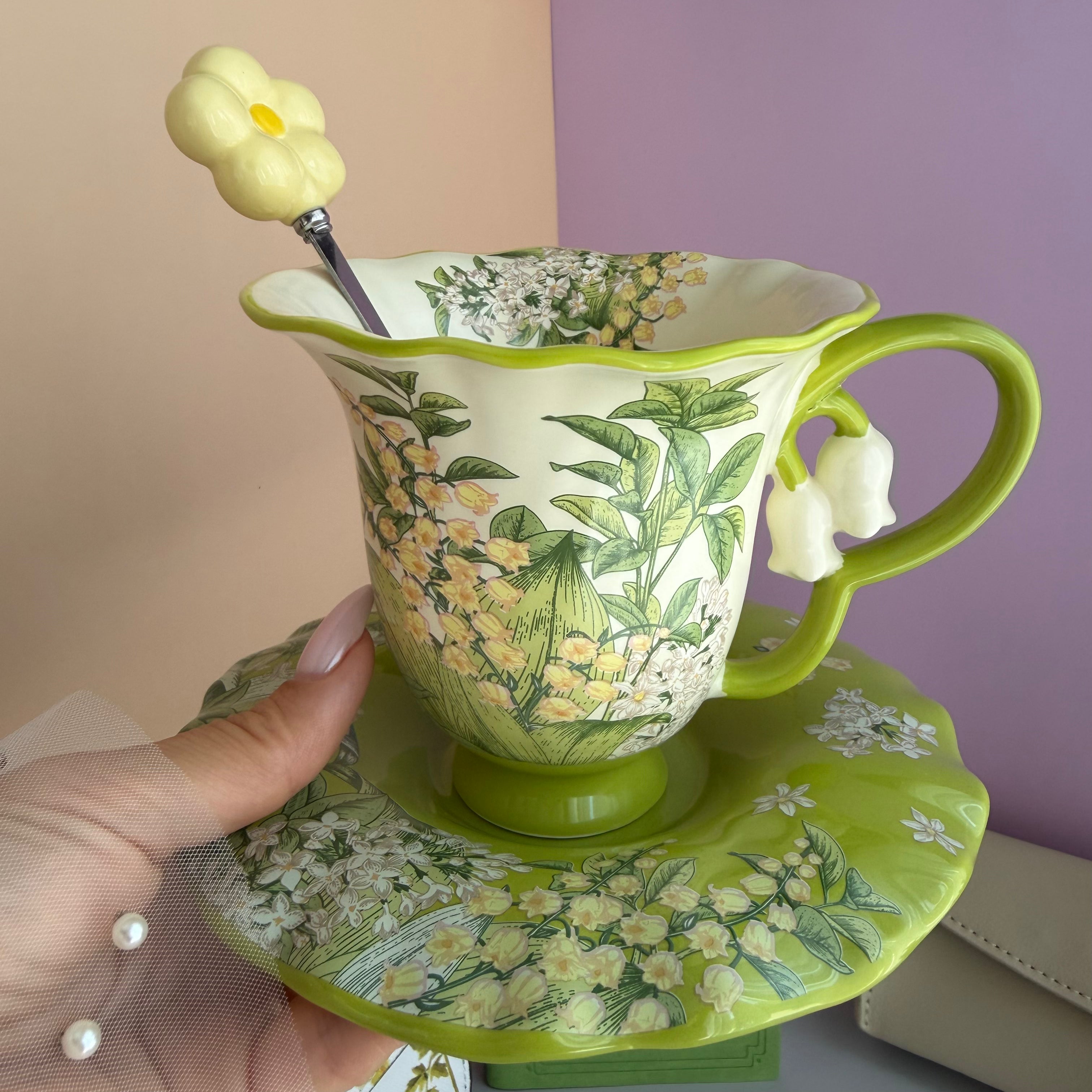 GREEN TEA GARDEN GIFT SET | LILY OF THE VALLEY STATIONERY BUNDLE | FLORAL TEA CUP GIFT SET