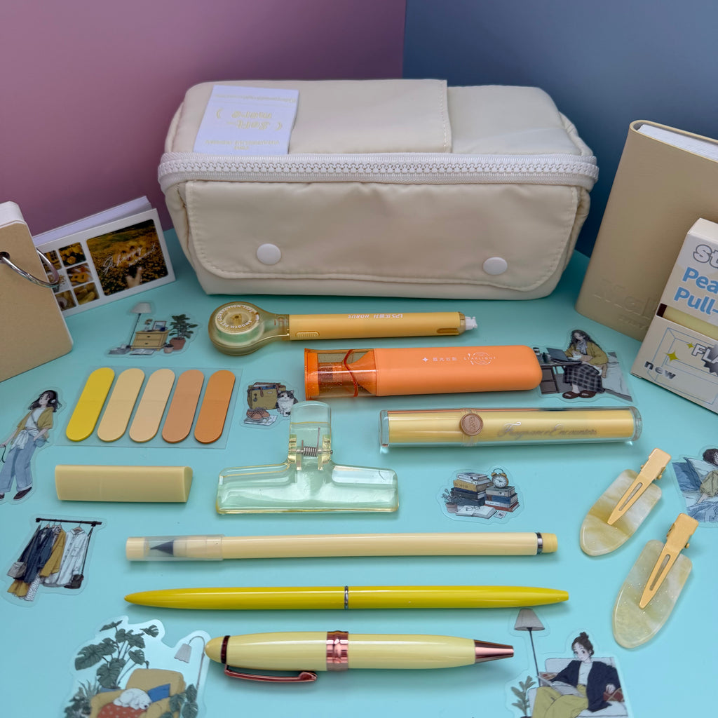 YELLOW ZIP & GO STATIONERY SET | ALL-IN-ONE PENCIL POUCH BUNDLE | CUTE YELLOW SCHOOL SUPPLY KIT