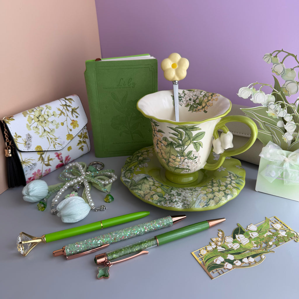 GREEN TEA GARDEN GIFT SET | LILY OF THE VALLEY STATIONERY BUNDLE | FLORAL TEA CUP GIFT SET