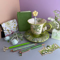 GREEN TEA GARDEN GIFT SET | LILY OF THE VALLEY STATIONERY BUNDLE | FLORAL TEA CUP GIFT SET