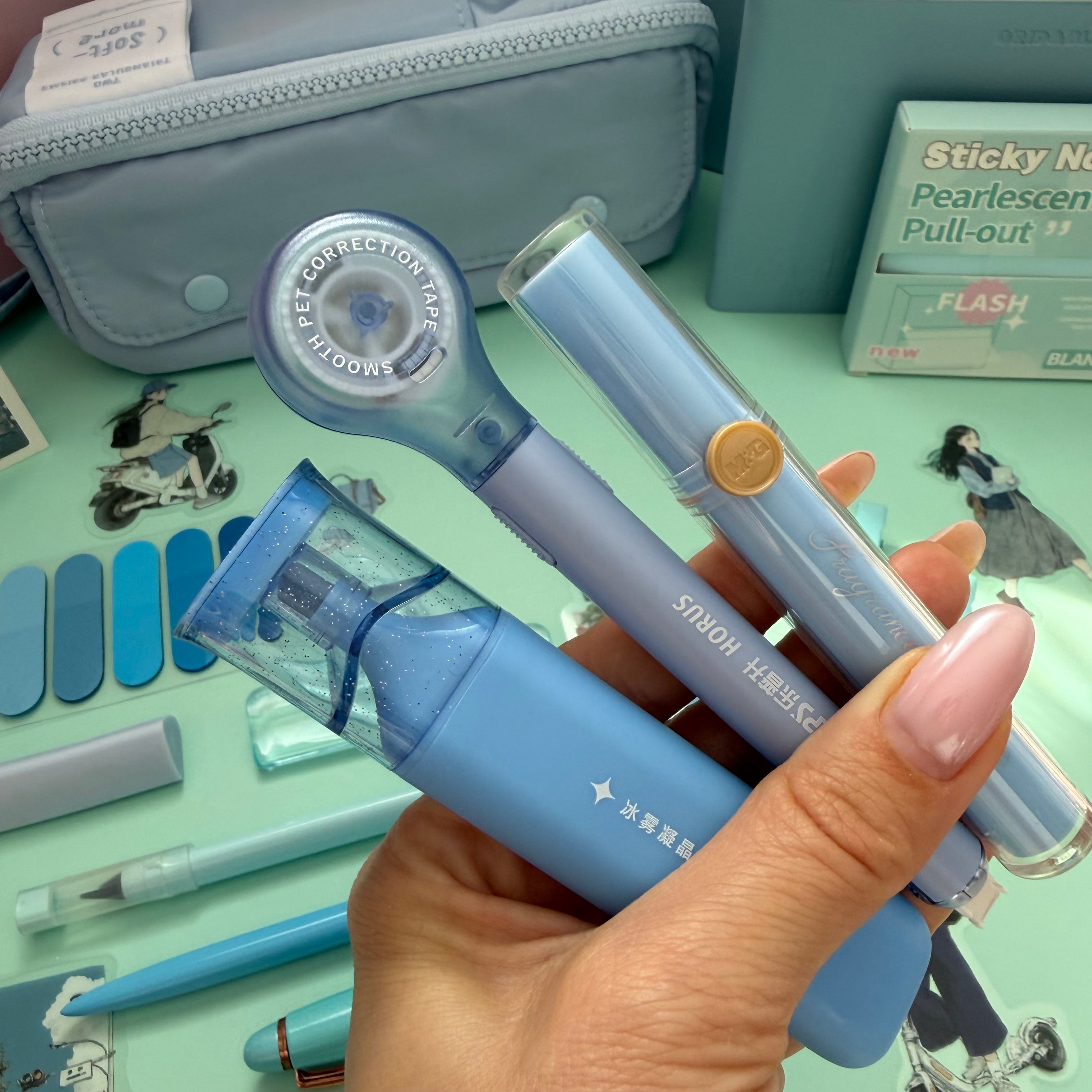 BLUE ZIP & GO STATIONERY SET | ALL-IN-ONE PENCIL POUCH BUNDLE | CUTE BLUE SCHOOL SUPPLY KIT