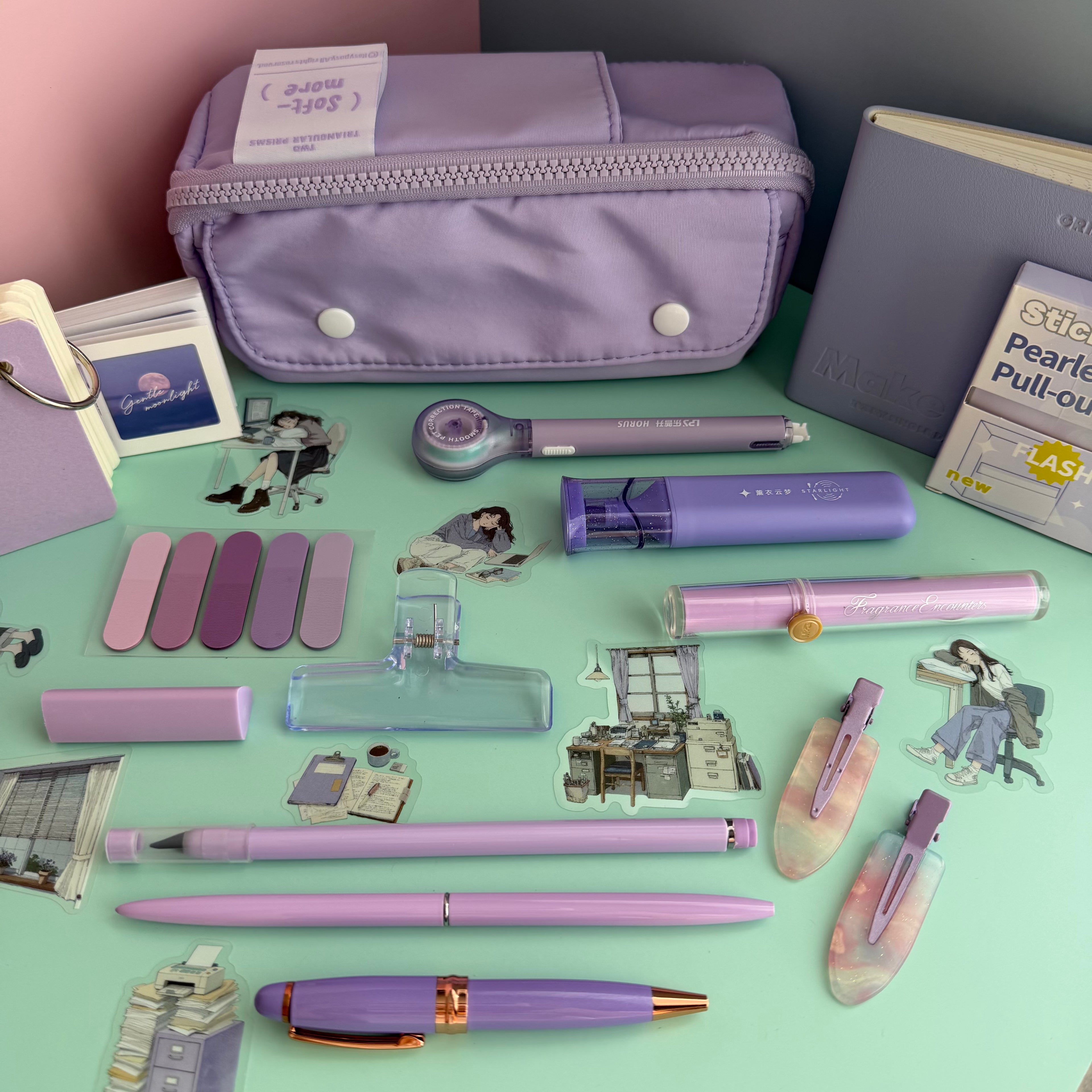 LAVENDER ZIP & GO STATIONERY SET | ALL-IN-ONE PENCIL POUCH BUNDLE | CUTE LAVENDER SCHOOL SUPPLY KIT