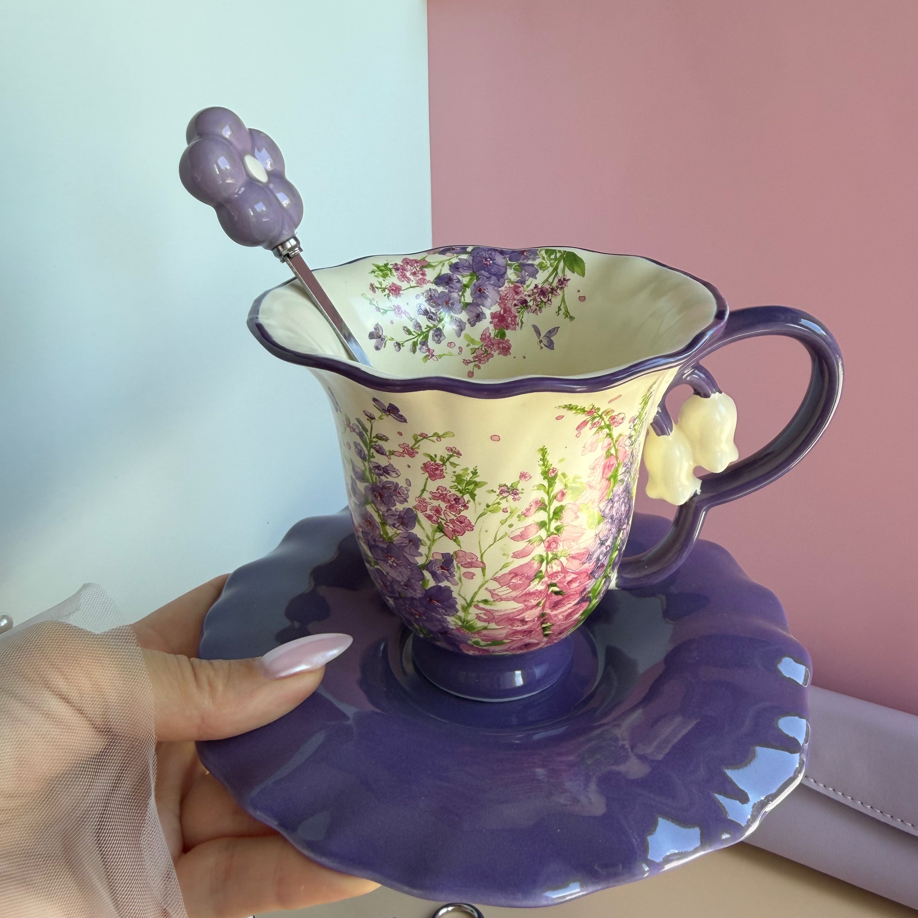 PURPLE TEA GARDEN GIFT SET | LAVENDER BLOOM STATIONERY BUNDLE | FLORAL TEA CUP GIFT SET