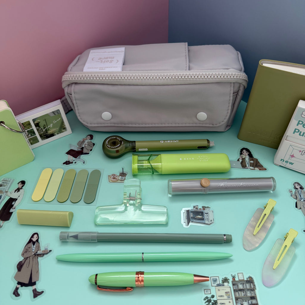 GREEN ZIP & GO STATIONERY SET | ALL-IN-ONE PENCIL POUCH BUNDLE | CUTE GREEN SCHOOL SUPPLY KIT