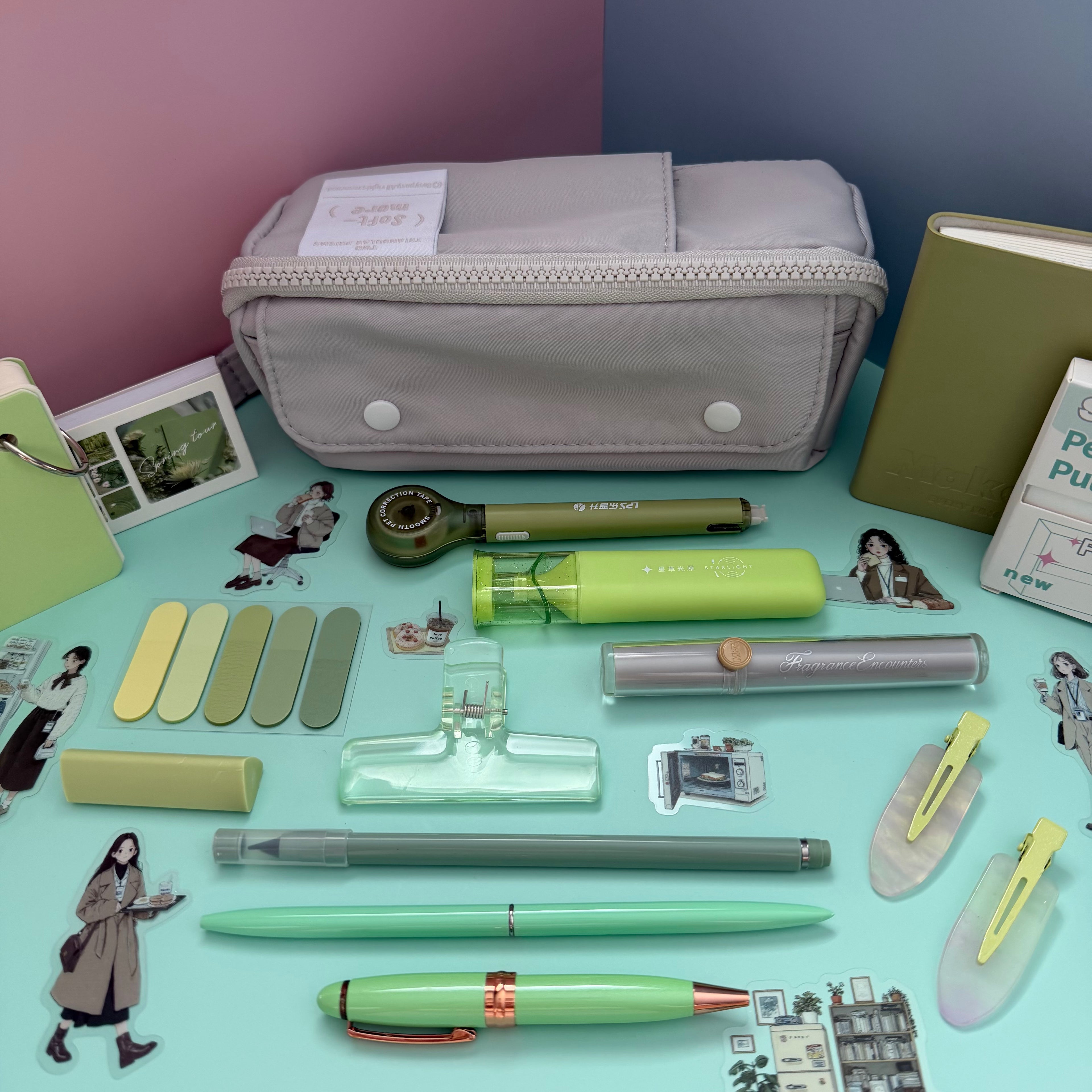 GREEN ZIP & GO STATIONERY SET | ALL-IN-ONE PENCIL POUCH BUNDLE | CUTE GREEN SCHOOL SUPPLY KIT