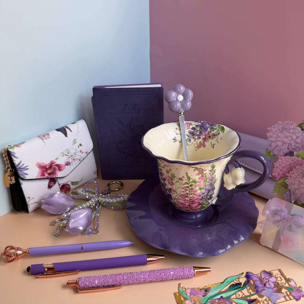 PURPLE TEA GARDEN GIFT SET | LAVENDER BLOOM STATIONERY BUNDLE | FLORAL TEA CUP GIFT SET