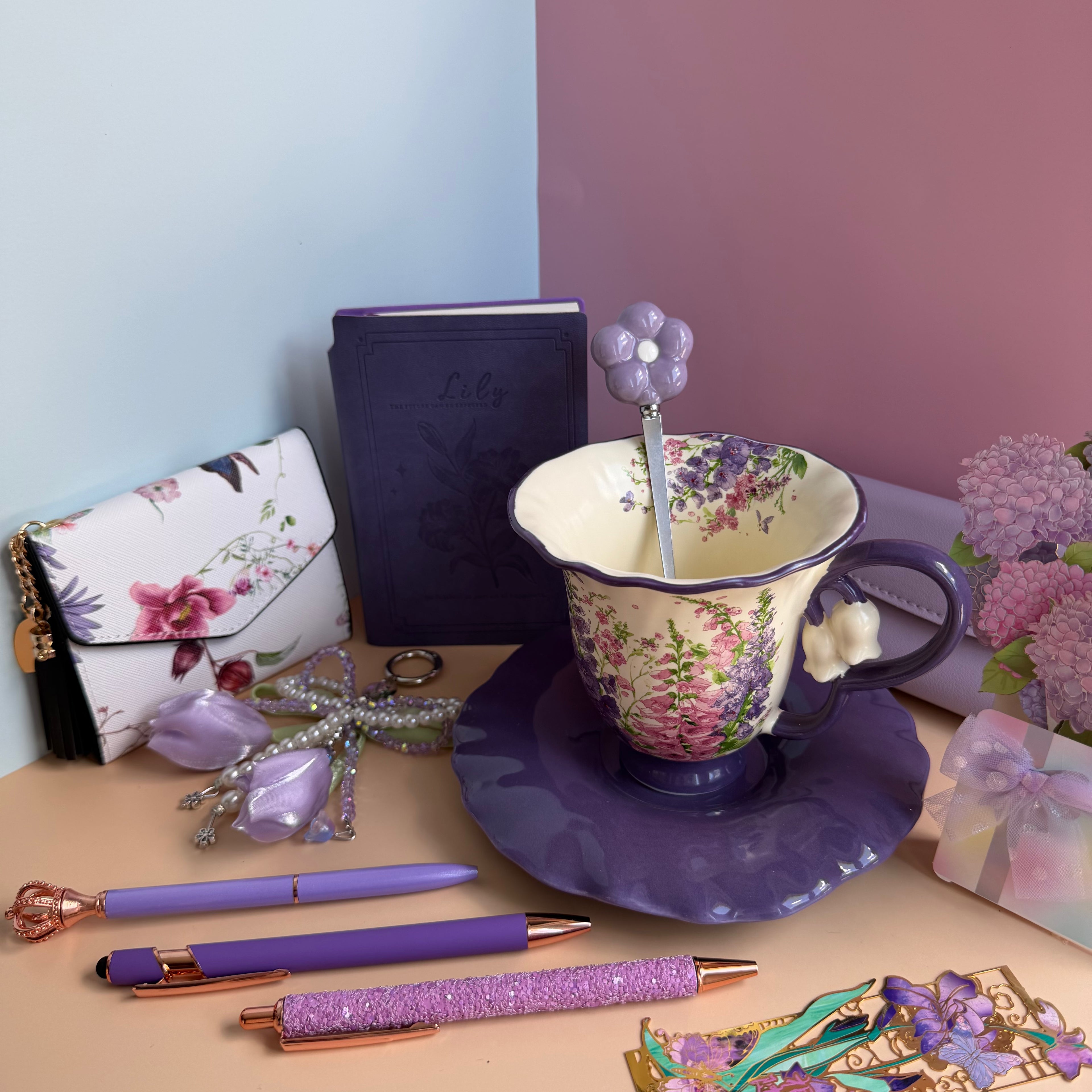 PURPLE TEA GARDEN GIFT SET | LAVENDER BLOOM STATIONERY BUNDLE | FLORAL TEA CUP GIFT SET