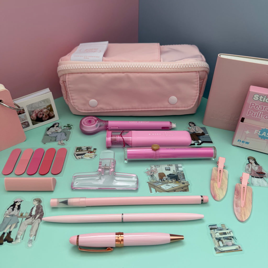 PINK ZIP & GO STATIONERY SET | ALL-IN-ONE PENCIL POUCH BUNDLE | CUTE PINK SCHOOL SUPPLY KIT