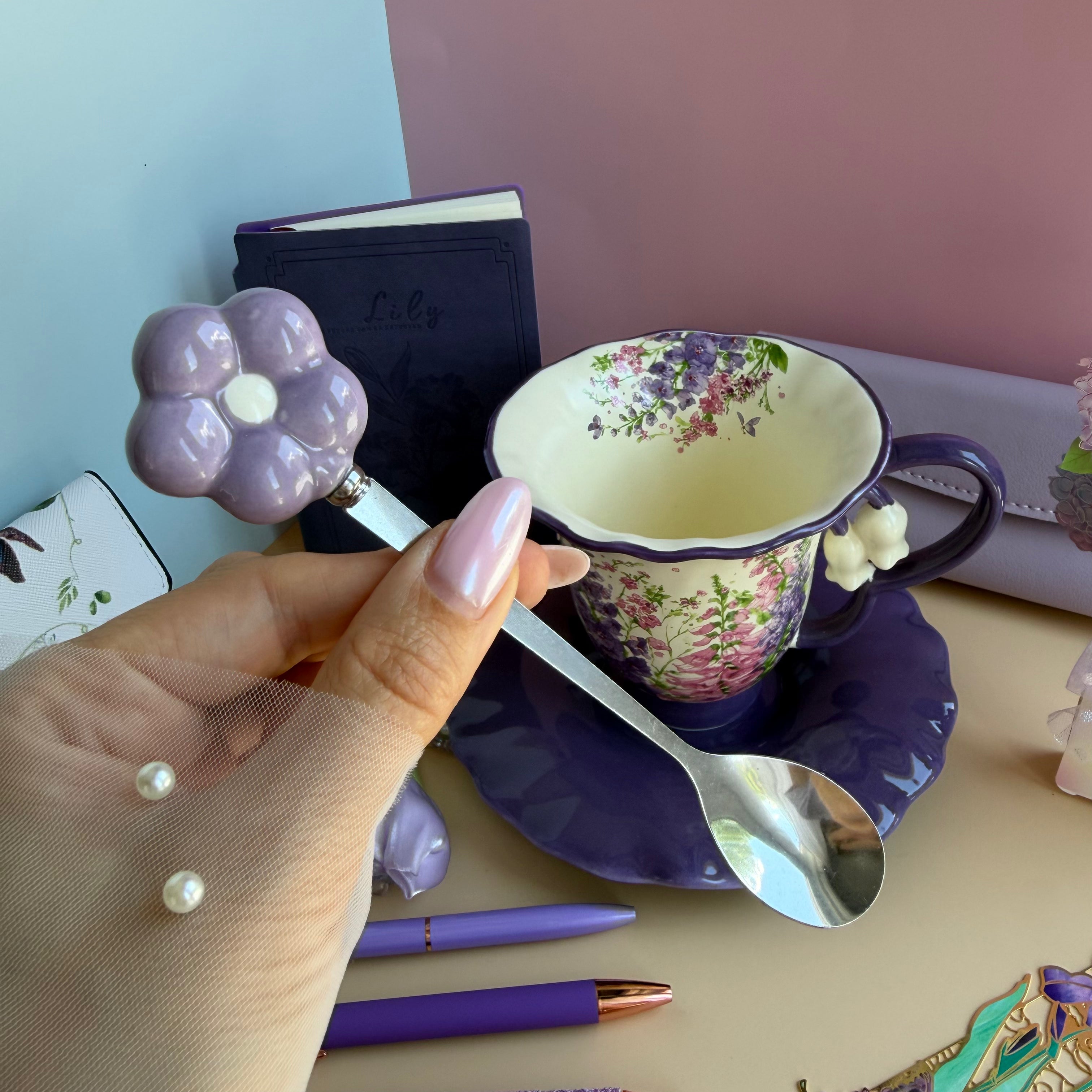PURPLE TEA GARDEN GIFT SET | LAVENDER BLOOM STATIONERY BUNDLE | FLORAL TEA CUP GIFT SET