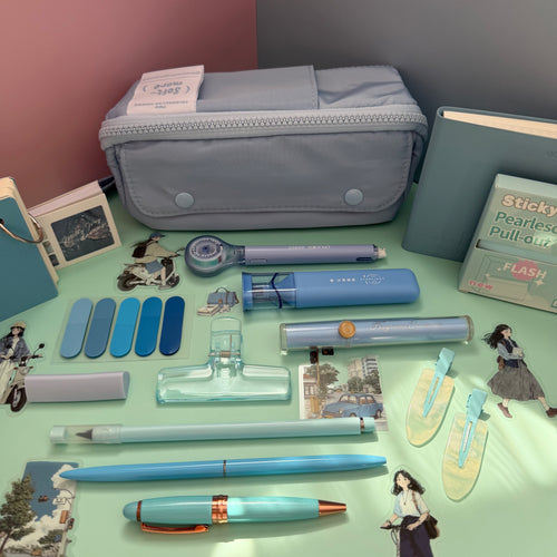 BLUE ZIP & GO STATIONERY SET | ALL-IN-ONE PENCIL POUCH BUNDLE | CUTE BLUE SCHOOL SUPPLY KIT
