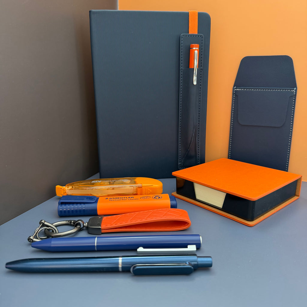 NAVY ORANGE STUDY & WORK STATIONERY SET | COLLEGE DESK BUNDLE | UNISEX OFFICE GIFT SET