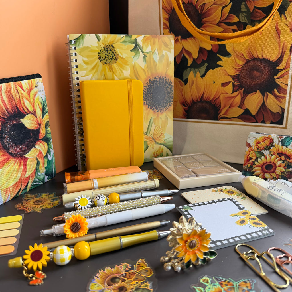 ENDLESS SUNFLOWER FIELDS STATIONERY GIFT SET / SUNFLOWER LOVER GIFT / YELLOW FLORAL JOURNAL & ACCESSORIES BUNDLE