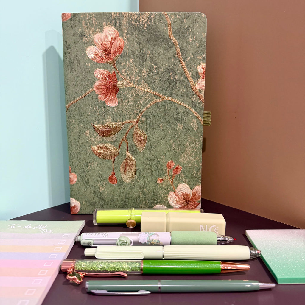 EVERGREEN BLOSSOM MINI STATIONERY SET / FLORAL JOURNAL GIFT SET / DESK ESSENTIALS BUNDLE
