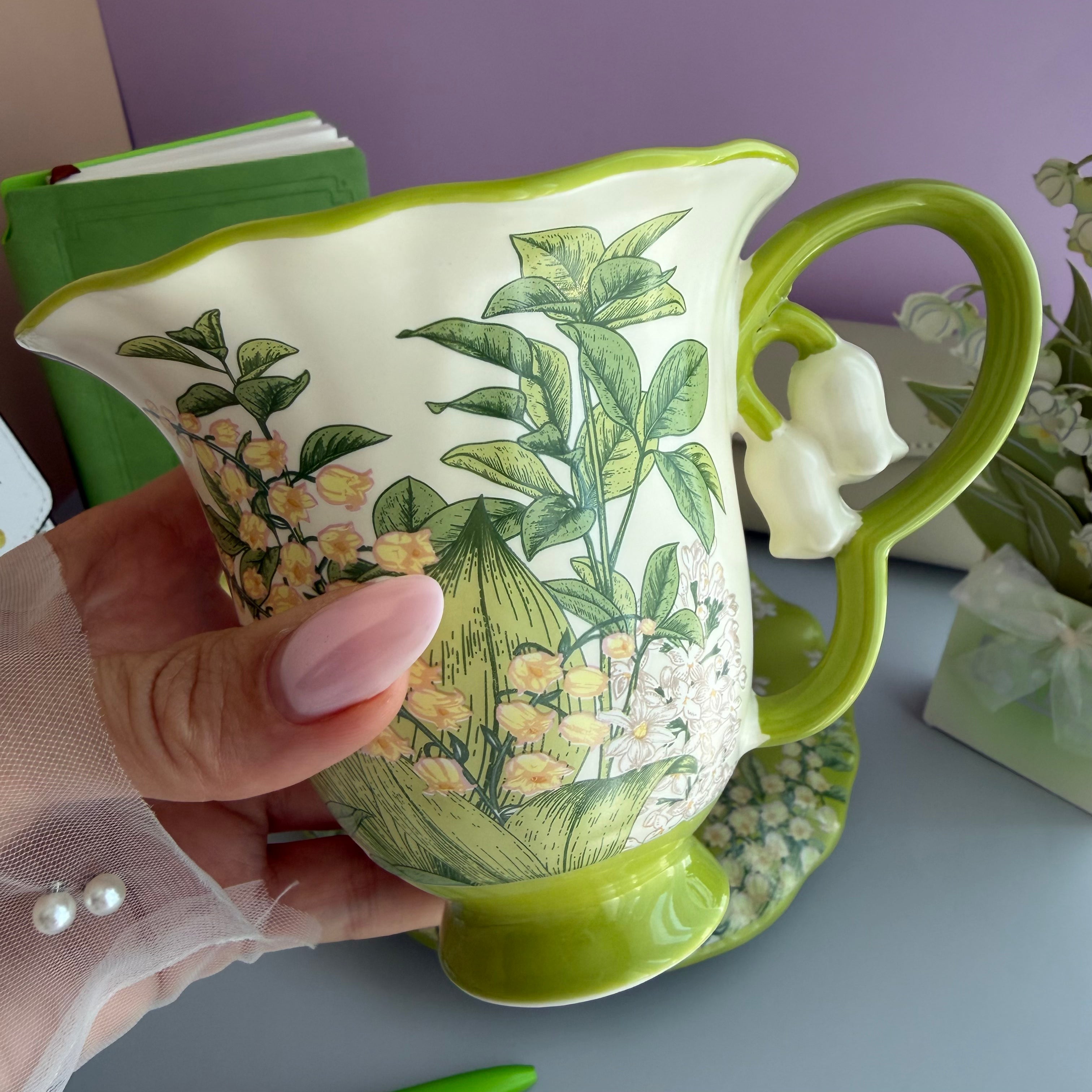 GREEN TEA GARDEN GIFT SET | LILY OF THE VALLEY STATIONERY BUNDLE | FLORAL TEA CUP GIFT SET