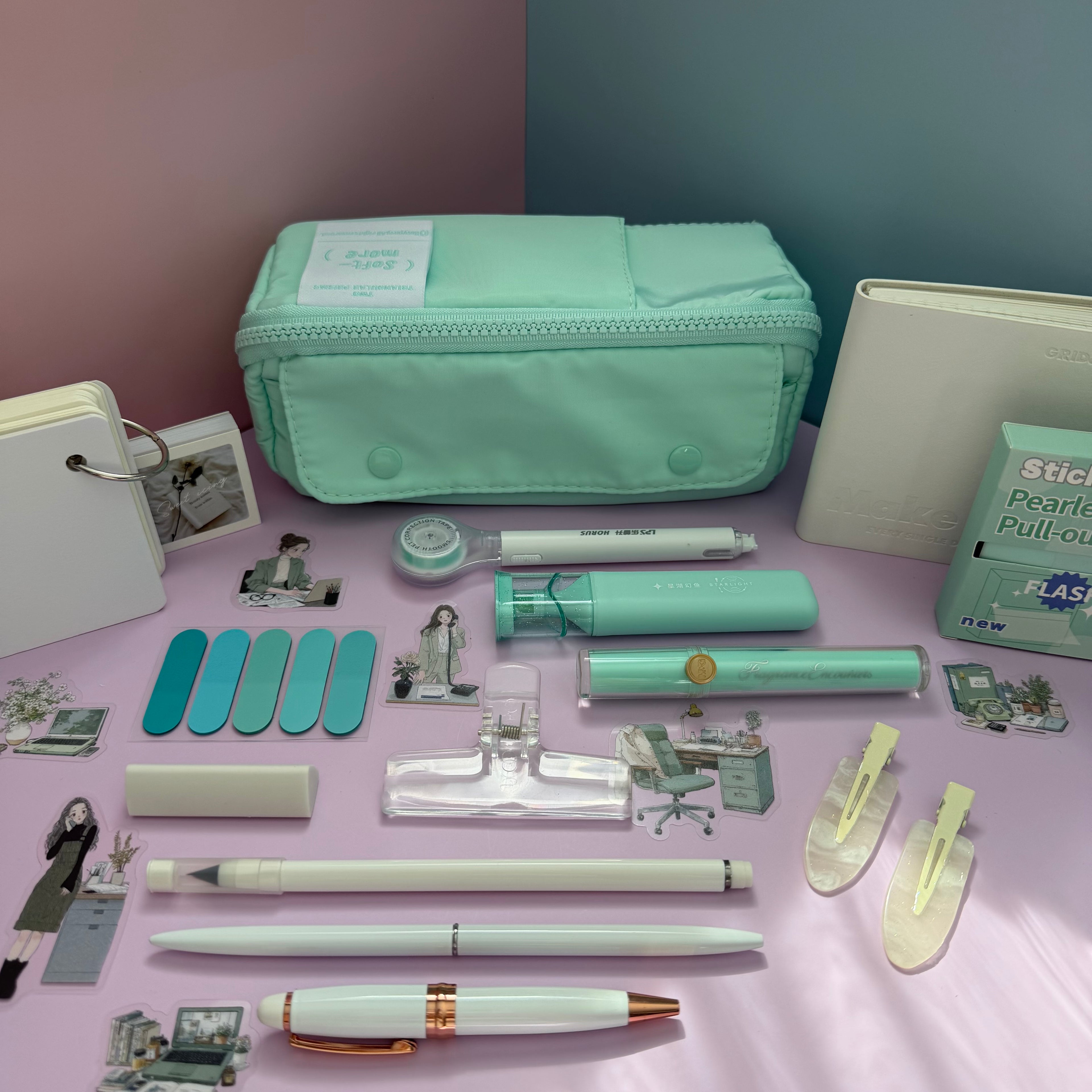 MINT ZIP & GO STATIONERY SET | ALL-IN-ONE PENCIL POUCH BUNDLE | CUTE MINT SCHOOL SUPPLY KIT